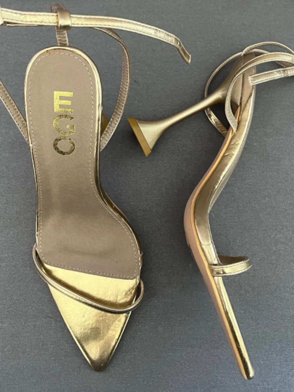 EGO Women's Ankle Strap Pointed Toe Stiletto Heel Gold Tone Size UK 5 US 7.5